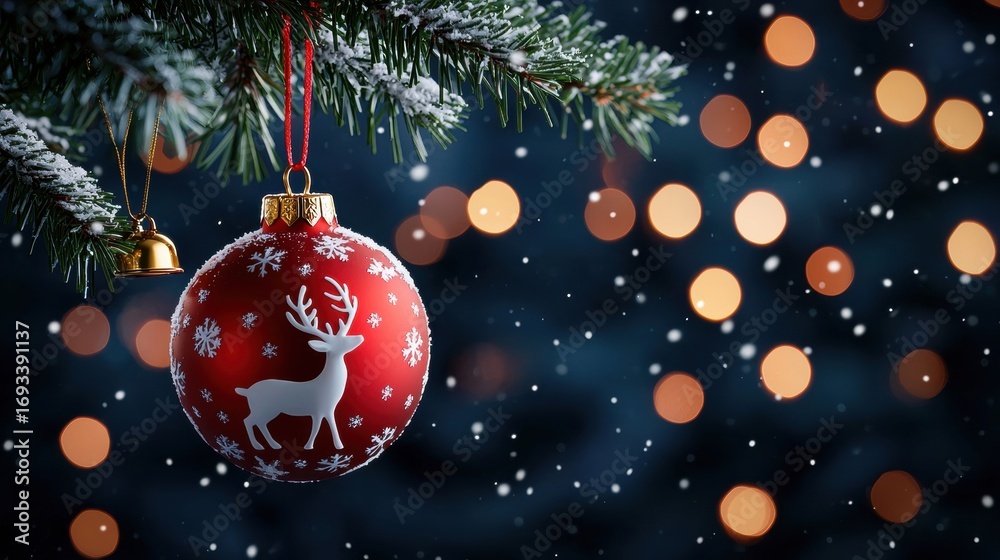 Fototapeta premium Festive Christmas ornament hanging on a snowy pine branch