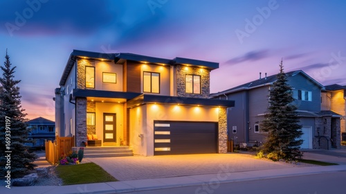 Modern two-story house with illuminated facade at dusk, surrounded by landscaped gardens and neighboring homes