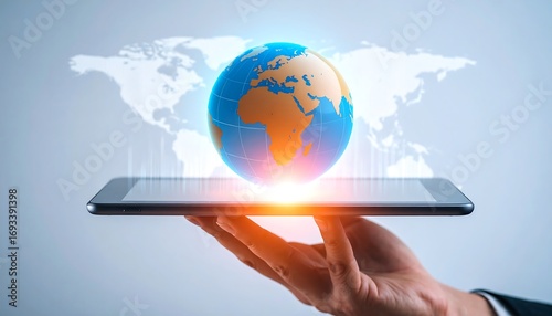 A hand holds a tablet displaying a 3D globe over a world map overlay