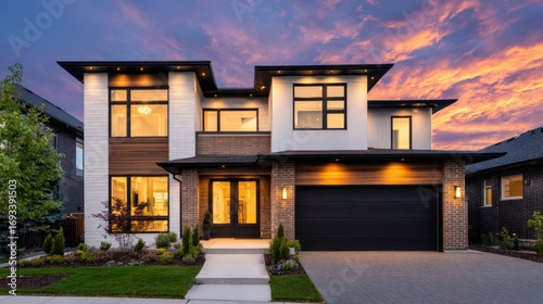 Modern two-story home with elegant design, illuminated at dusk, surrounded by landscaped gardens