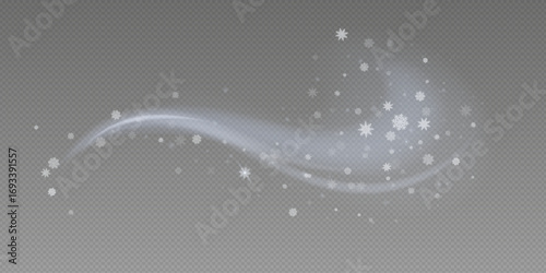 Christmas background with snowflakes. Snow flakes with wind, snow .S now storm effect, blurred, cold wind with snow . Heavy snowfall, snowflakes in different shapes and forms. Wind.