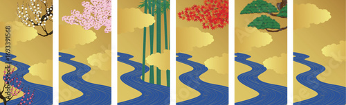 日本風の背景。梅。桜竹紅葉松の四季の植物と青い川のイラスト。