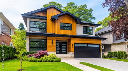 Modern two-story house with wooden facade and landscaped garden under clear blue sky