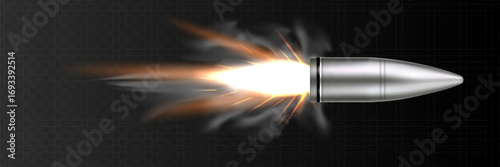 A flying bullet with a fiery trace. Isolated on a transparent background.