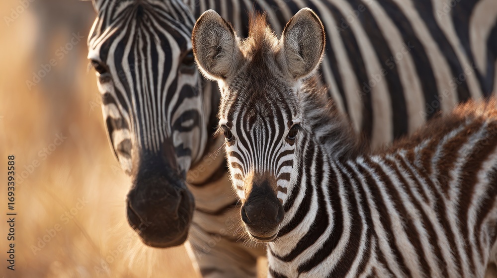 Fototapeta premium Zebras mother and calf close up
