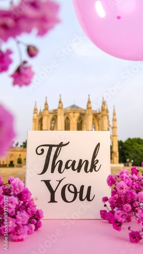 A thank you sign amidst flowers and a building