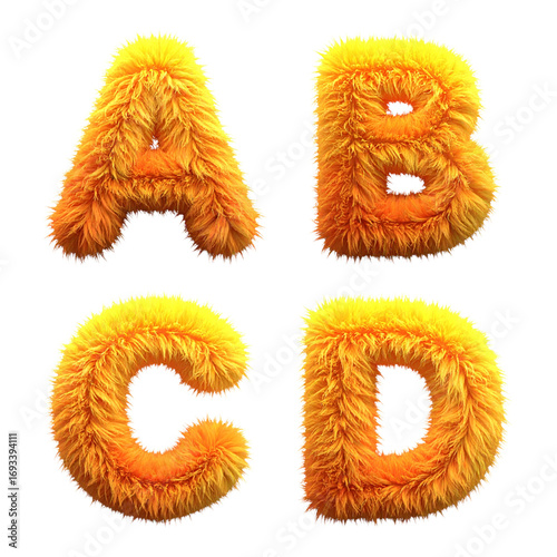 Fluffy 3D Alphabet Letters with Yellow-Orange Gradient Fur Texture