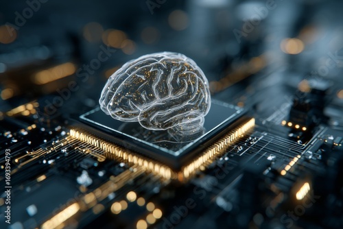 The symbiotic future of human cognition and tech innovation. Business intelligence. Complex brain-motherboard union: illuminating digital and neural paths. Digital control. Data visualization.