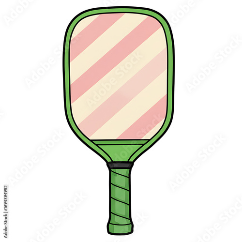 Green pickleball paddle with pink and cream stripes on a solid background for sports and recreation transparent background