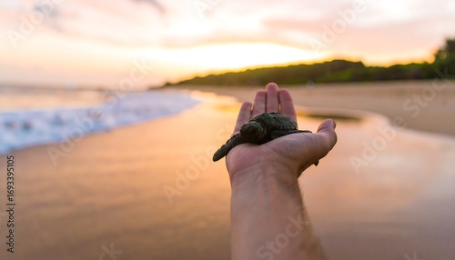A small turtle rests on a human hand at sunset