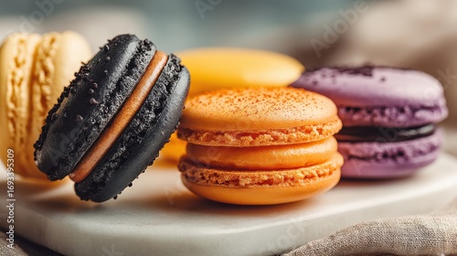 A vibrant assortment of colorful macarons arranged on a marble surface, showcasing rich textures and appealing hues.