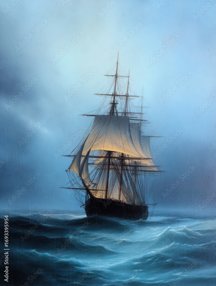 Fototapeta premium Majestic sailing ship navigating stormy seas at dusk, with dramatic clouds and waves in the background