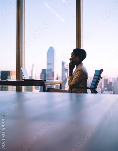 Businesswoman talking on phone, city view
