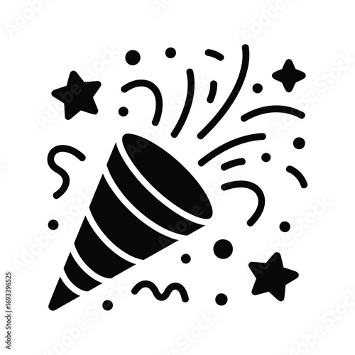 Black and white icon of a party popper exploding with confetti and stars