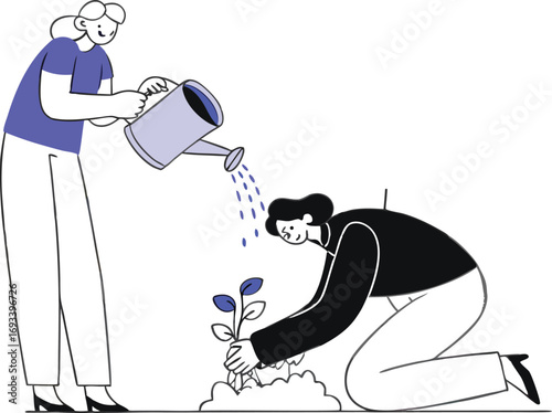 Illustration of two people nurturing a seedling vector graphic scalable eps icon white background