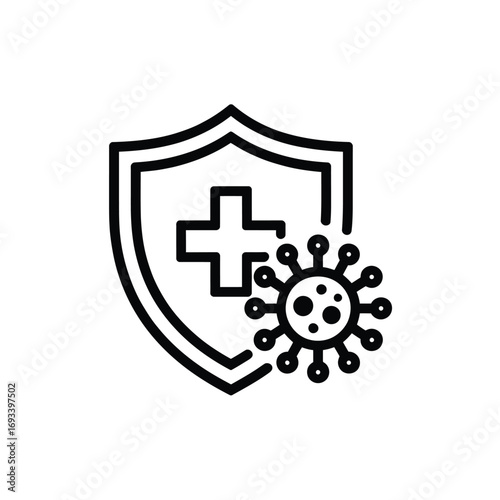 Shield with medical cross and virus icon representing protection