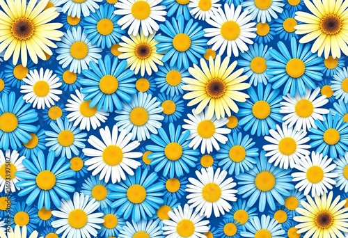 Vibrant blue, white, and yellow daisy floral vector seamless pattern,  daisy,  summer