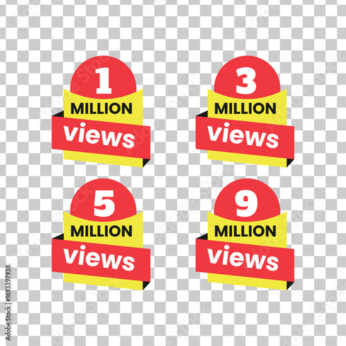Collection of four digital icons representing 1 3 5 and 9 million views for social media platforms