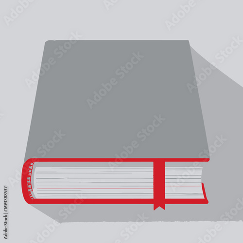 A closed gray hardcover book with a red bookmark and spine, casting a long shadow, suggesting knowledge and learning