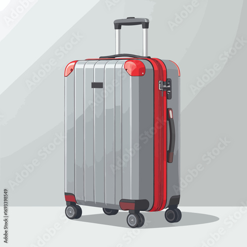 Modern Metallic Silver Suitcase with Red Accents, Ready for Travel and Adventures