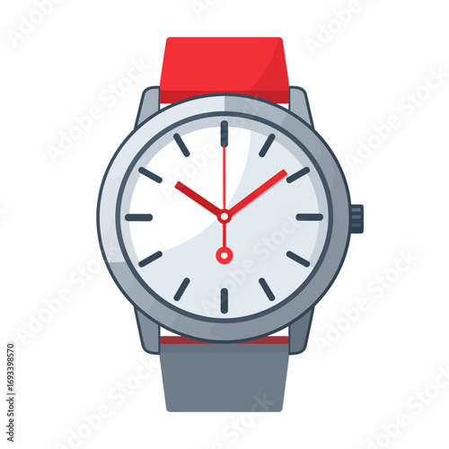 A vibrant vector illustration of an analog wristwatch, featuring a white dial and red hands, representing time, precision, and modern punctuality