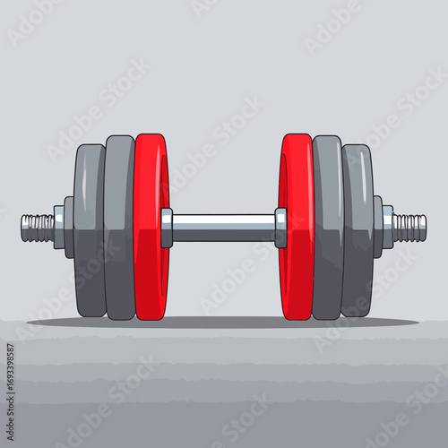 Vector illustration of a heavy adjustable dumbbell with red and grey plates, symbolizing strength training, fitness, and gym workouts