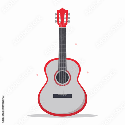 Exquisitely designed flat vector illustration of an acoustic guitar, featuring a classic form and vibrant red details for musical themes and creative projects