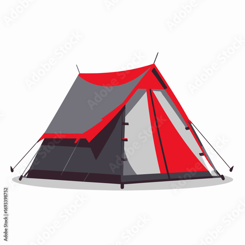 Illustration of a modern geodesic camping tent with a red and gray color scheme, set against a white background, ideal for outdoor adventures