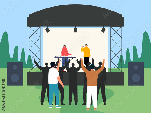 Attending a famous band concert in the city yard. Concert illustration. Flat vector illustration concept.