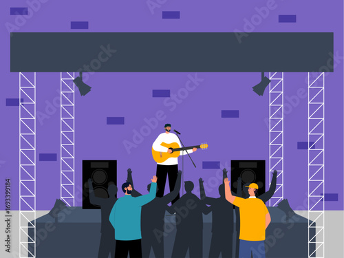 Male solo singer performs concert in city multipurpose hall. Concert illustration. Flat vector illustration concept.