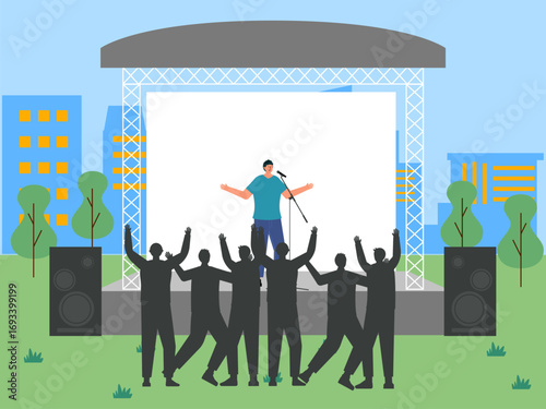 Solo singer performs concert in city park. Concert illustration. Flat vector illustration concept.