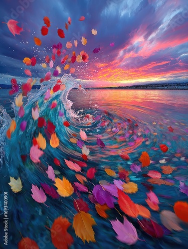 Colorful Leaves at Sunset Seascape