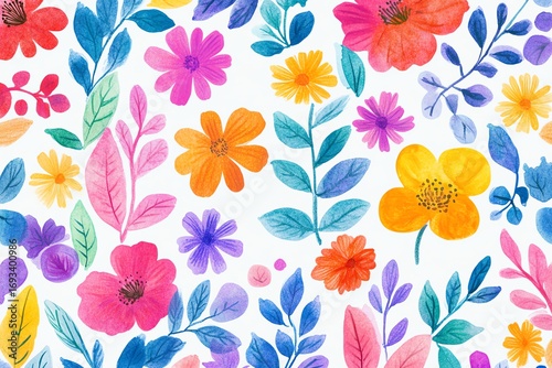 Wallpaper Mural Flowers crayon Kid pastel hand drawn background Child autumn summer spring plant and flower pattern Childish watercolor chalk crayon or pencil cute draw art Vector color doodle dra Torontodigital.ca