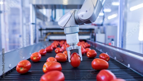 Wallpaper Mural Robotic arm sorting fresh tomatoes on a conveyor belt in a modern food processing plant Torontodigital.ca
