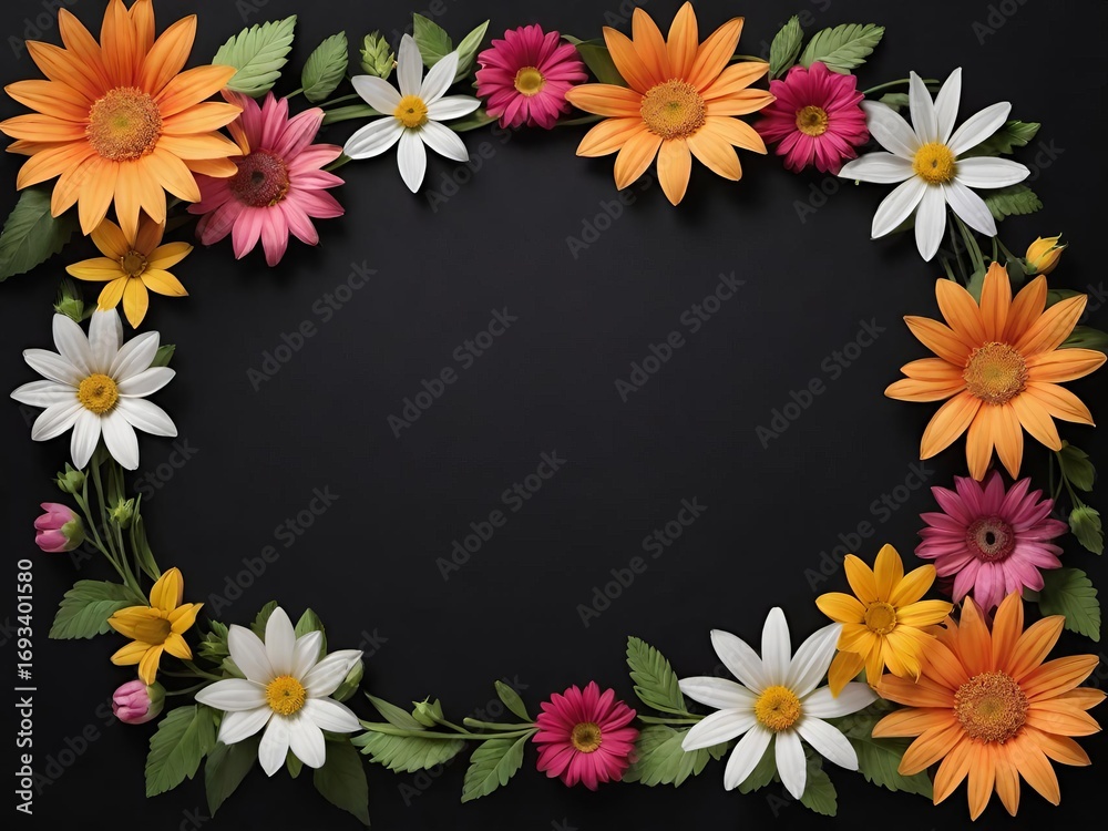 Fototapeta premium A vibrant oval frame of colorful daisy and gerbera flowers on a solid black background.