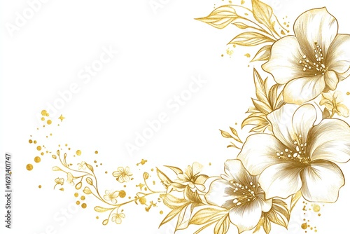 Gold corner border floral, flower frame set Hand drawn rustic sketch doodle golden corner boarder for floral frame design element, flourish fancy pattern Vector illustration