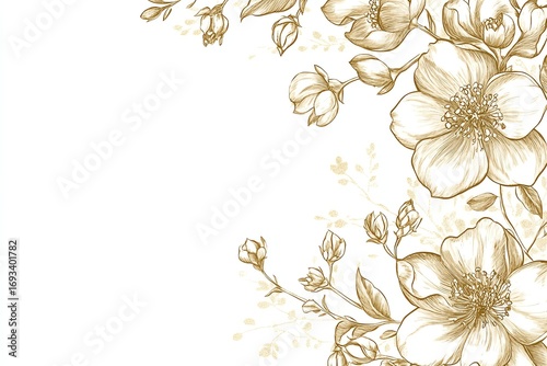 Gold corner border floral, flower frame set Hand drawn rustic sketch doodle golden corner boarder for floral frame design element, flourish fancy pattern Vector illustration