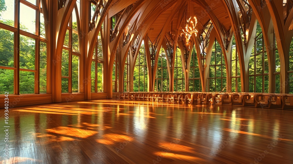 Obraz premium Elegant wooden interior bathed in sunlight, overlooking lush green trees through large windows. Spacious and serene