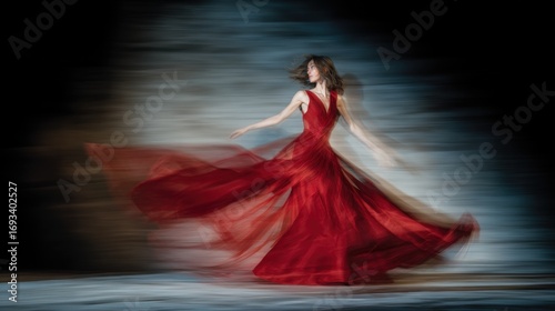 Elegant woman in flowing red gown, captured in graceful motion and blurring effect