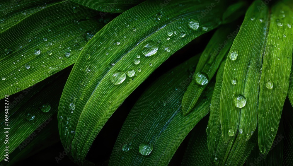 Obraz premium Close-up of vibrant green leaves with water droplets