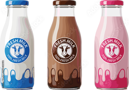 Illustration of fresh milk bottles in white, chocolate, and strawberry flavors with colorful caps and dripping design, dairy product concept.