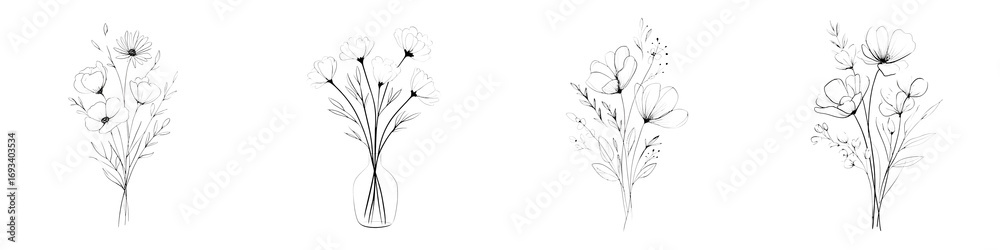 Obraz premium Elegant Floral Sketch Collection: Hand-Drawn Botanical Illustrations on White