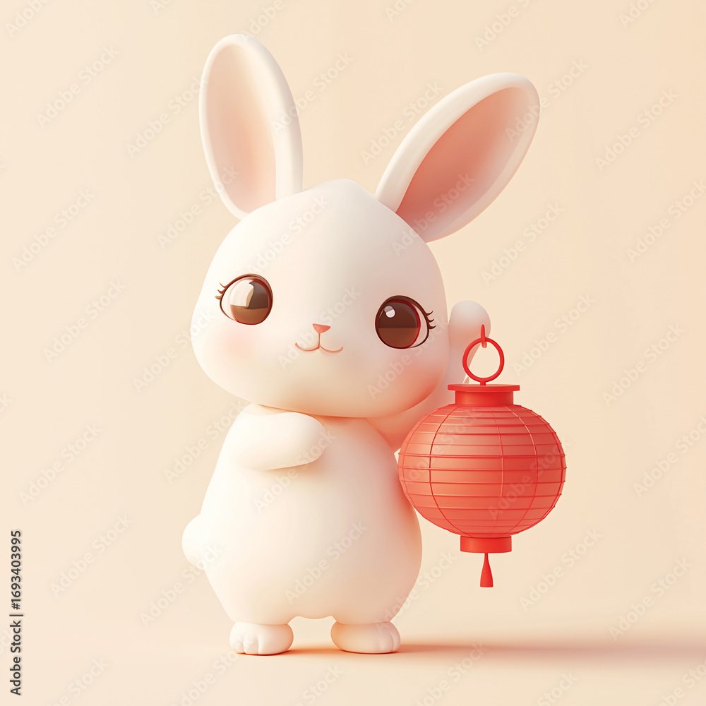 Naklejka premium A minimalist 3D illustration of a rabbit holding a lantern