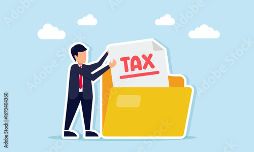 Businessman pulling tax document from folder illustration of checking company business tax amount