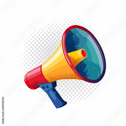 Halftone collage colorful cutouts of megaphones. Pop art dotted loudspeaker, sale icon.