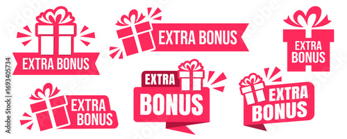 Extra Bonus Gift boxes with ribbon icons black Set. Gift box badge in Trendy Flat style. Surprising gift boxes label, Gift wrapping sticker, Christmas box icon. Vector Illustration.