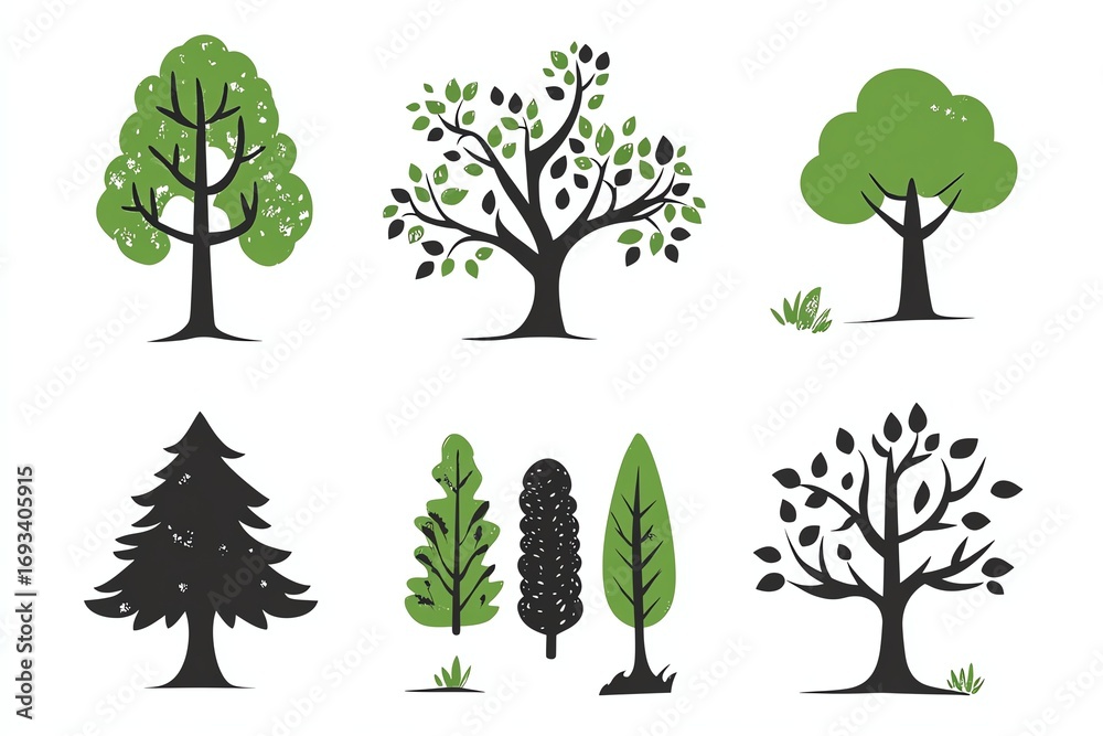 Fototapeta premium Set of cartoon tree with hand drawn elements isolated Nature flat tree graphic design Simple silhouette style vector illustration
