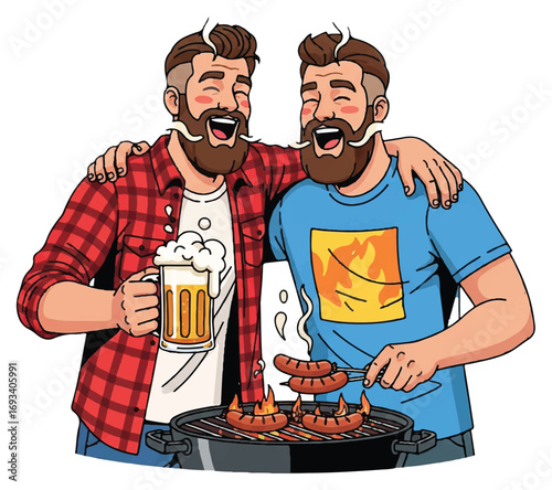 Two happy bearded men enjoying a lively barbecue, one holding a beer mug and the other grilling sausages.