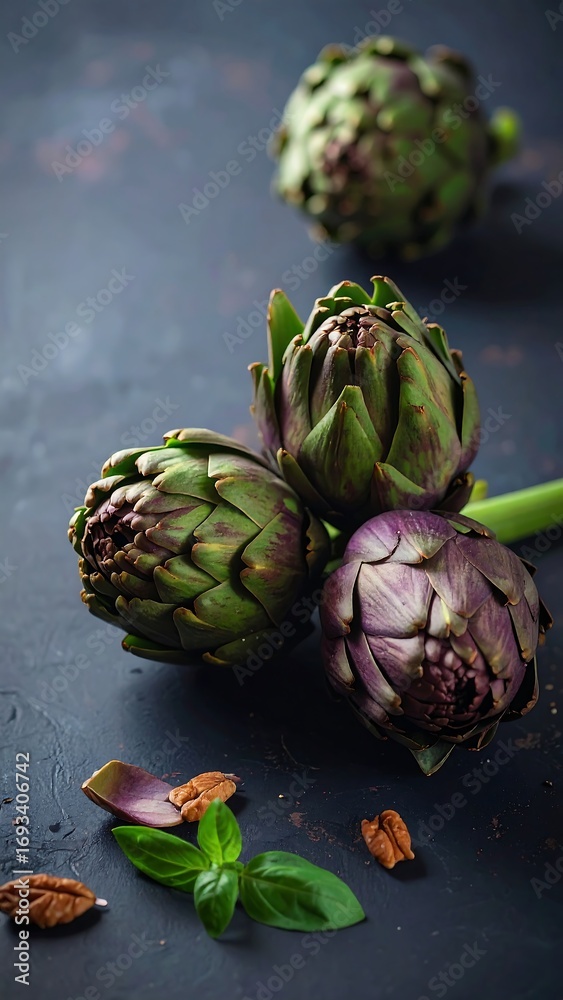 Obraz premium Fresh artichokes on dark background