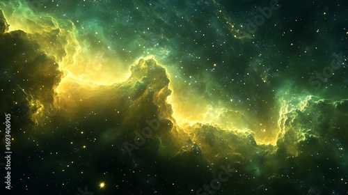 3D render of green and yellow nebula cloud in deep space with stars, fantastic galaxy background, astronomy universe concept